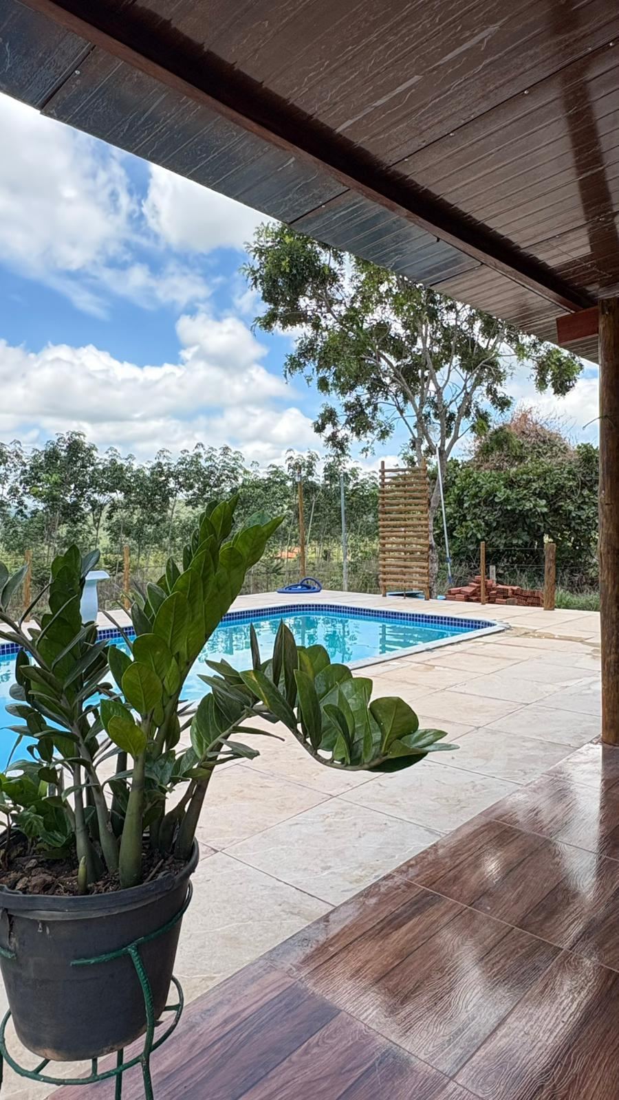 Piscina da chácara vista da área coberta, cercada por natureza